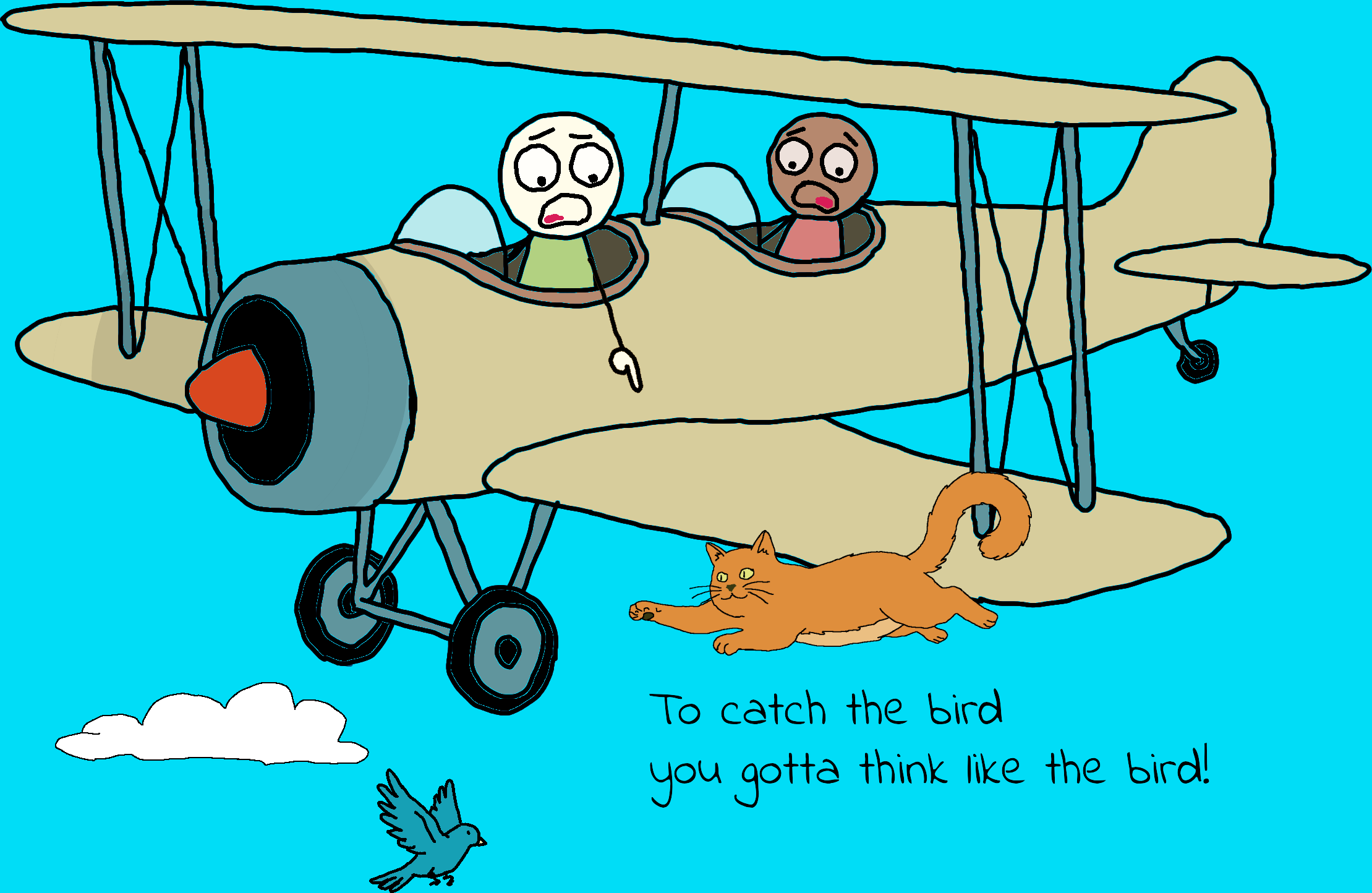 A cat jumping from an airplane to catch a bird with some text saying to catch the bird you gotta think like the bird!