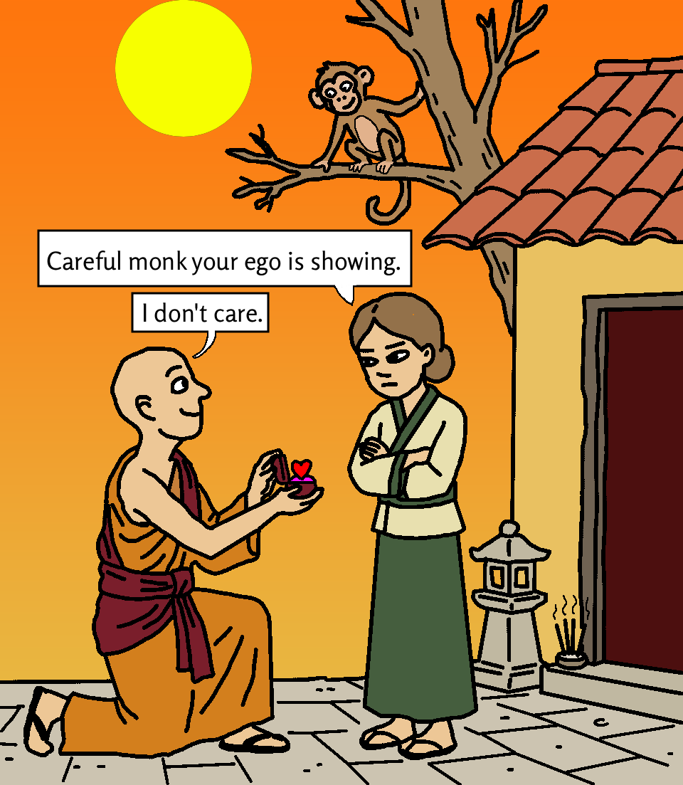 A smiling monk proposes to a skeptical woman at sunset as a monkey observes from above. 'Careful monk, your ego is showing.' 'I don't care.'