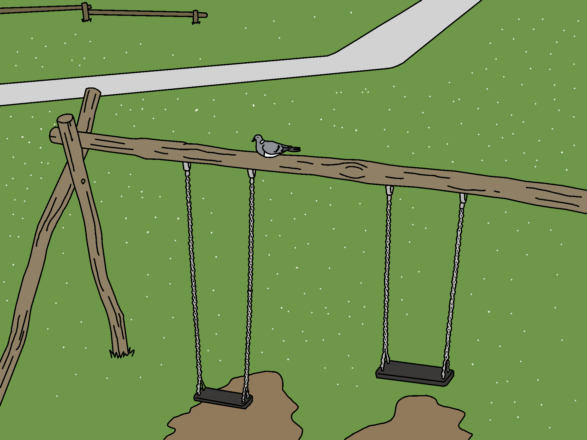 An illustrated scene of a playground swing set with two swings, featuring a dove perched on the wooden crossbeam, set against a green grassy background.