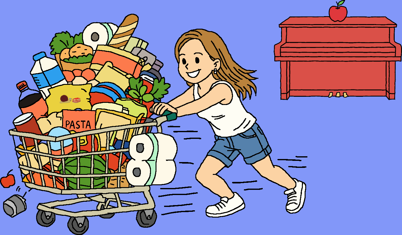 A whimsical drawing of a lovely woman in a white tank top and denim shorts speeding along with a mountain of groceries in her cart, passing by a bright red piano with an apple on top.