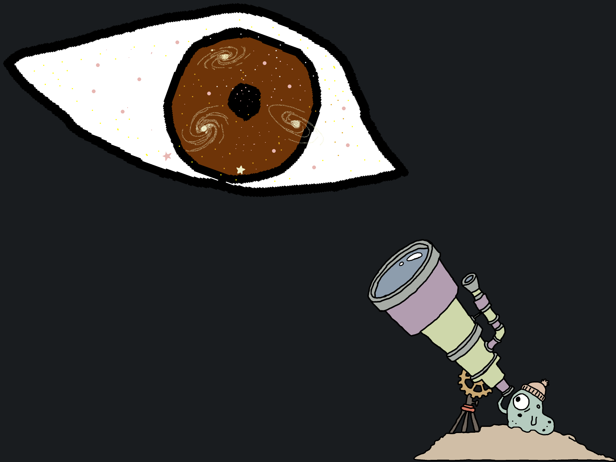 A germ with a telescope looking up at a human eye with stars and badly drawn galaxies in it.