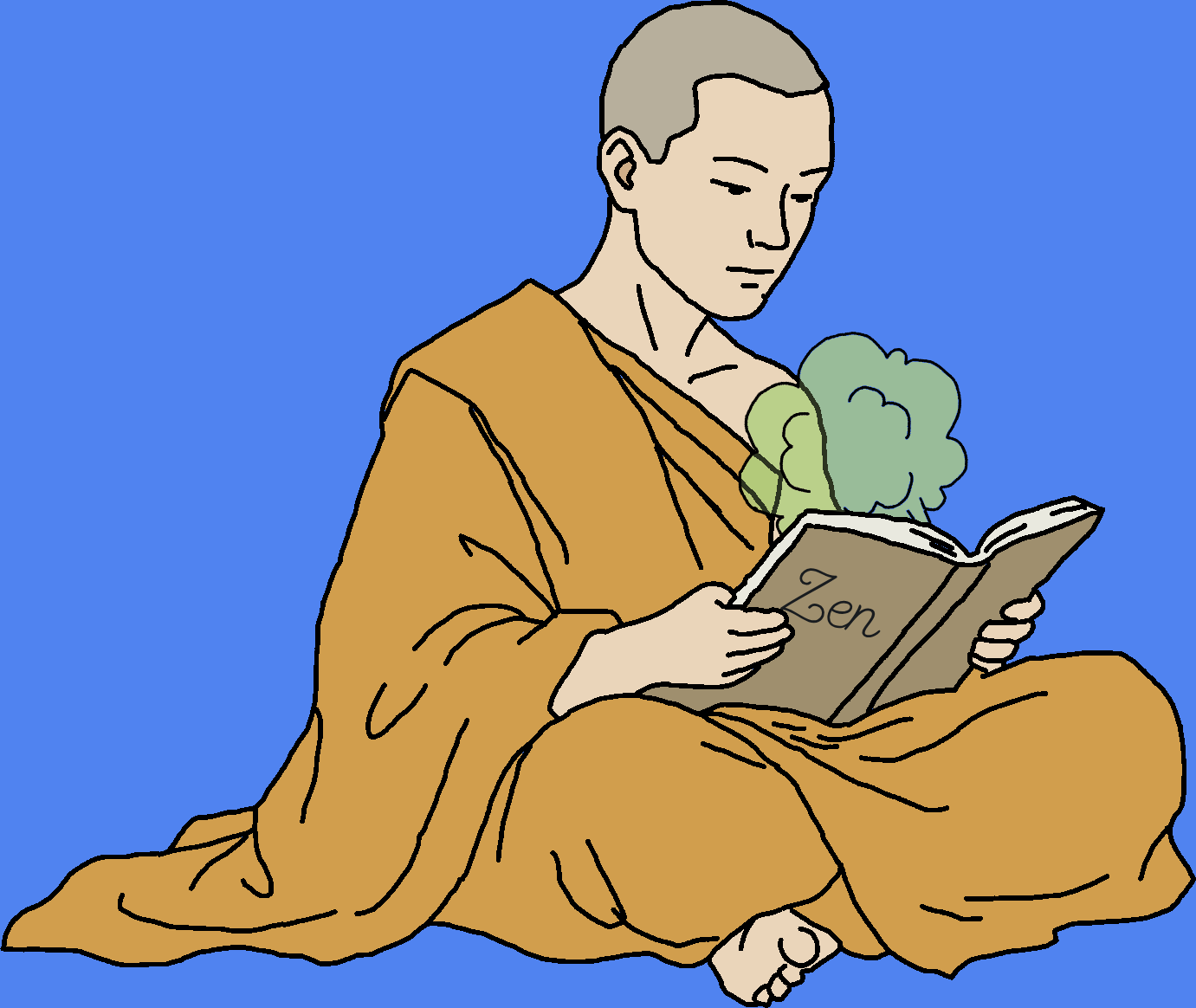 a serious looking monk reading a book on Zen with a stink cloud emanating from it