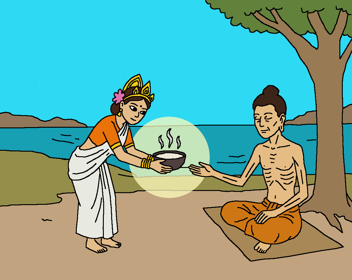 A colorful drawing showing an emaciated Siddhartha Gautama sitting cross-legged under a tree by a river, as a woman in a sari offers him a bowl of steaming food.