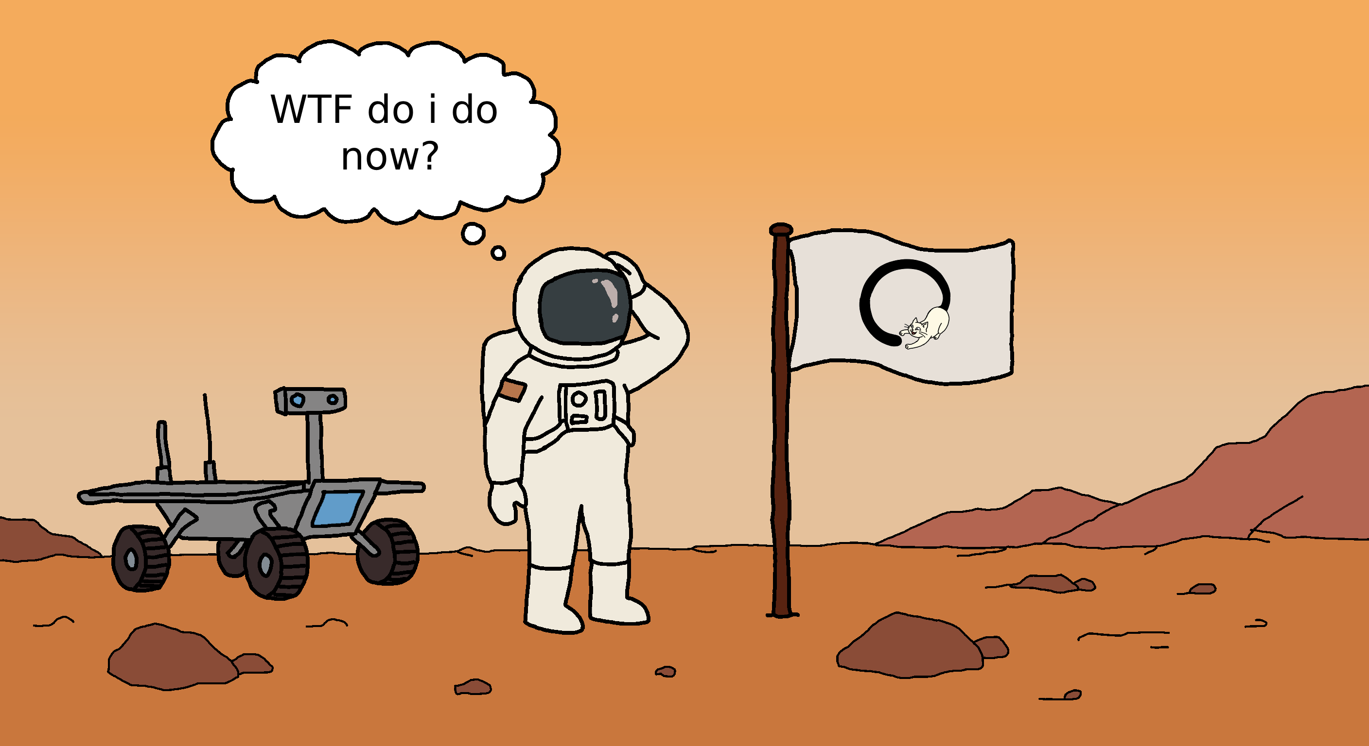 A person who just planted a flag on Mars, unsure what to do next.