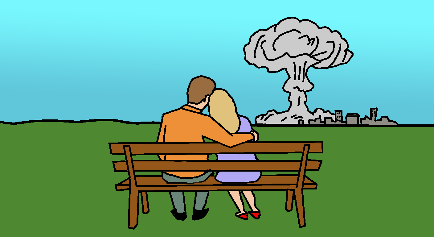 A couple sits contentedly on a park bench watching a nuclear explosion level a city in the distance.