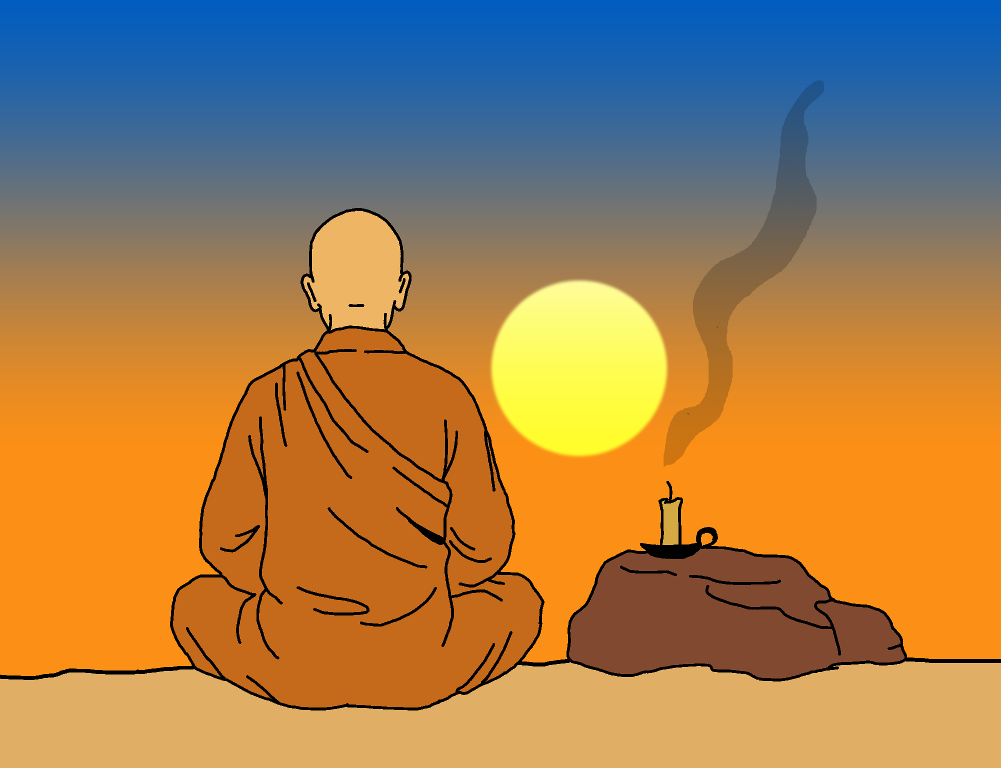 image of a monk meditating at dawn with a smoldering candle.