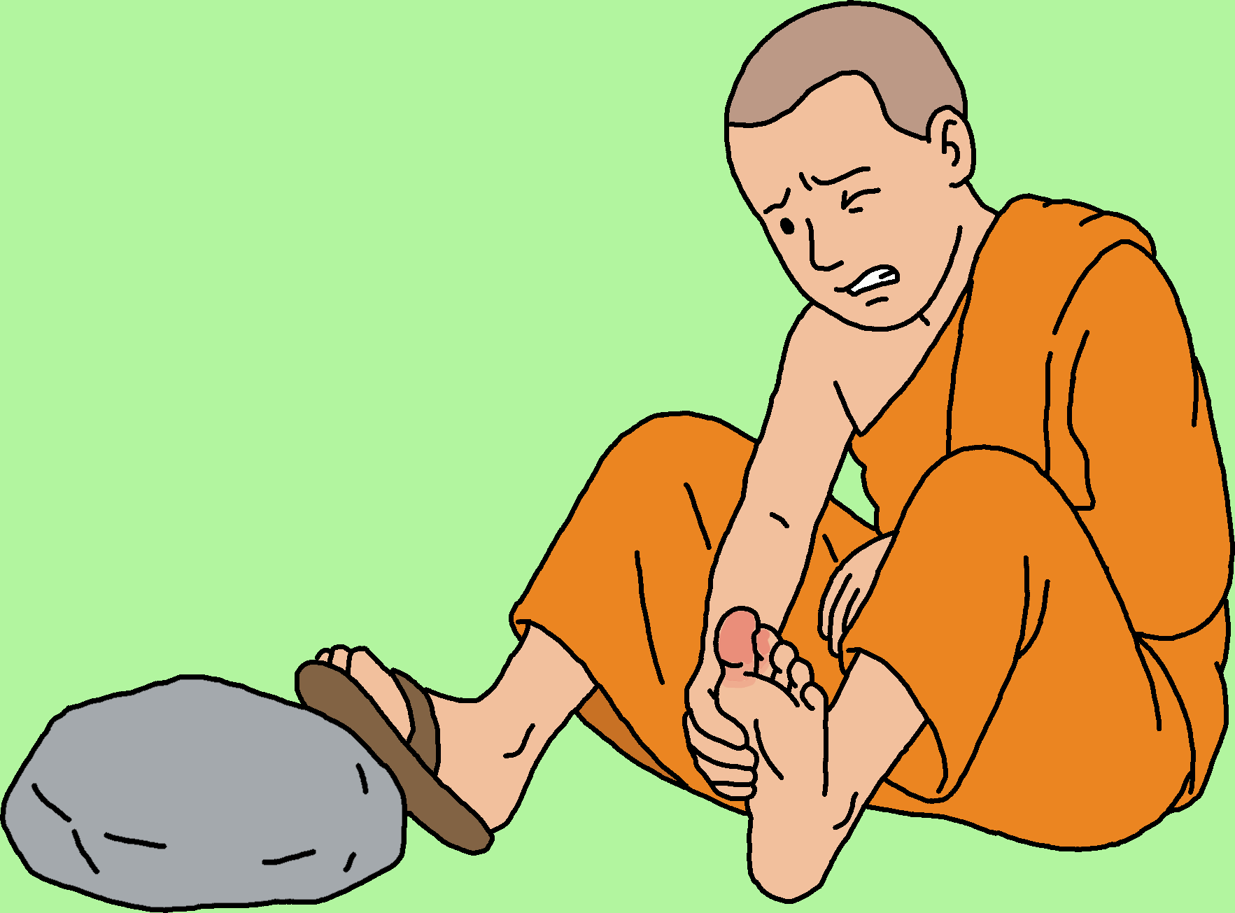 a monk sitting down clutching his toe he just dropped a heavy rock on.