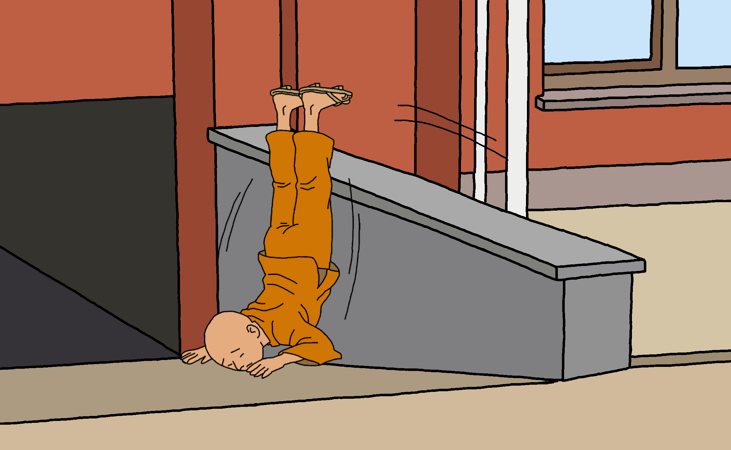 A cartoon illustration of a bald monk wearing orange robes and sandals falling head-first over a grey, sloping wall.