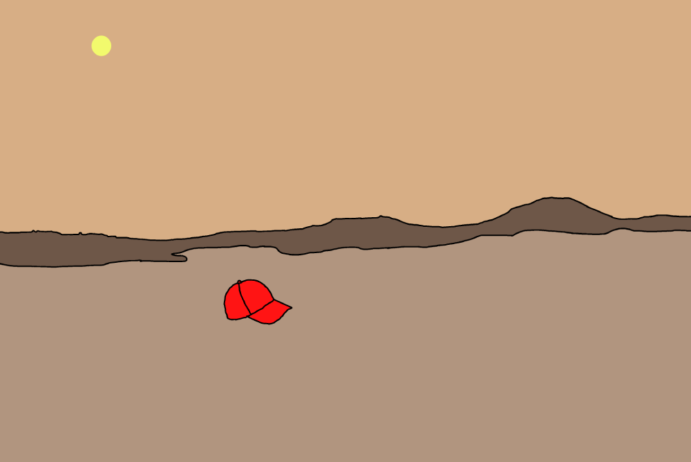 A simple digital illustration of a red baseball cap lying abandoned on a sandy desert floor, with rolling dark hills in the background and a yellow sun in a hazy tan sky