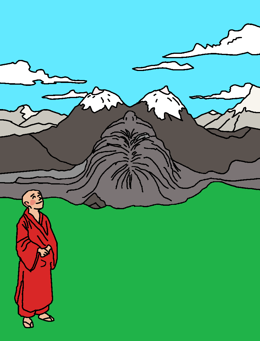 A cartoon monk in red robes stands in a green field, blushing with a slight bulge visible beneath his robe, gazing at a mountain landscape resembling a naked woman lying on her back: the front mountain forms the top of her head, and the two snow-capped peaks behind represent her breasts with snowy nipples.