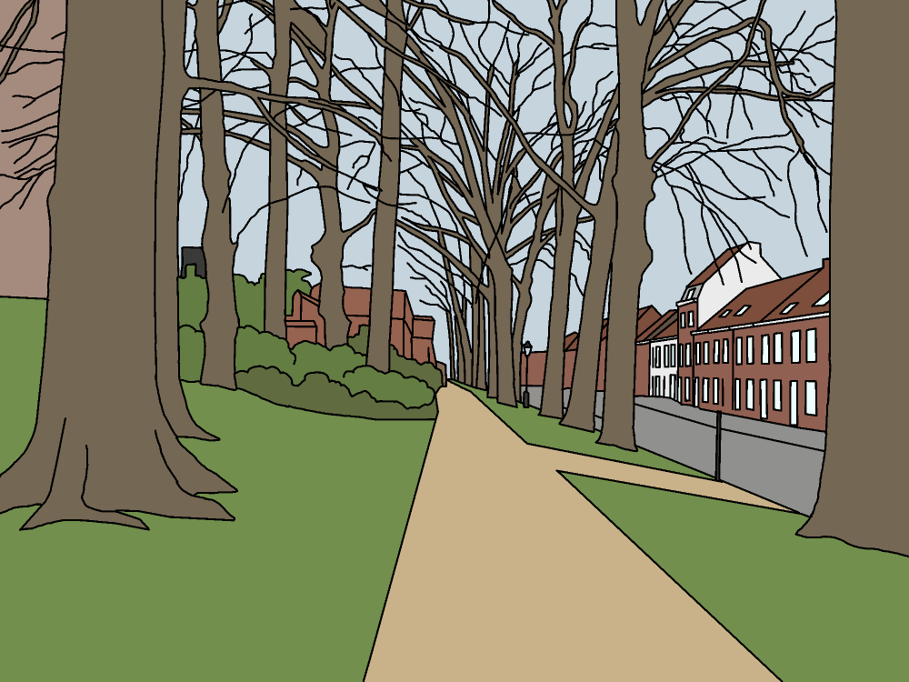 A sandy path winds through bare winter trees toward brick buildings, disappearing into the distance.