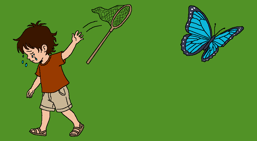An illustration of a crying boy walking away and throwing his butterfly net as a large blue butterfly flies away against a solid green background.