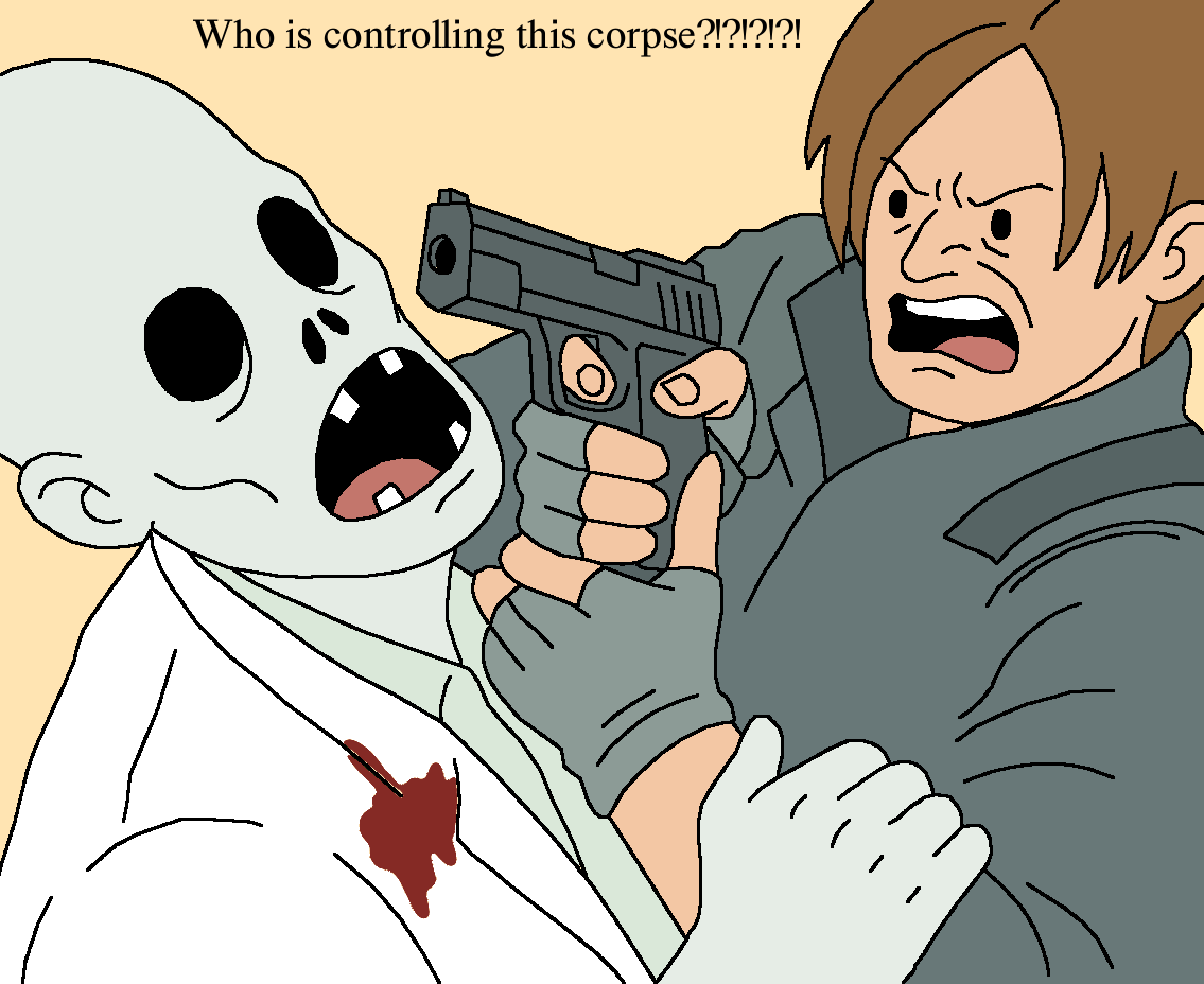 Cartoon illustration with the caption 'Who is controlling this corpse?!?!?!?!' at the top. On the right, an angry brown-haired man in dark tactical gear and fingerless gloves grits his teeth while pressing a handgun to the head of a pale, zombie on the left, whom he grips by the collar. The zombie has sunken black eyes, an open mouth, and a bloodstain on its white shirt